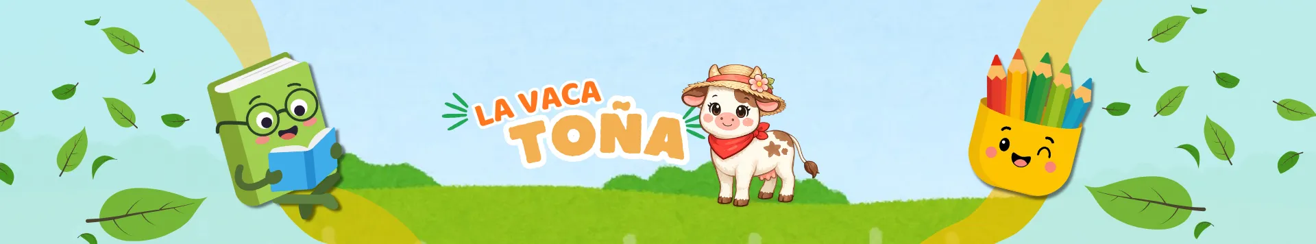 Cabecera de La Vaca Toña en Isabella Club, con la Vaca Toña, un libro y lápices de colores en una escena infantil.