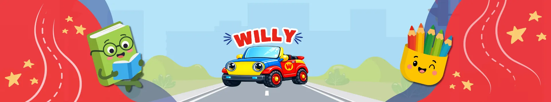 Cabecera de Willy en Isabella Club, con Willy en su automóvil, un libro animado y lápices de colores en una escena infantil de carretera.