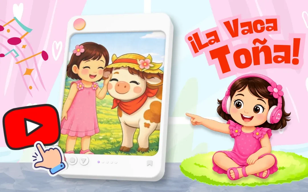 Isabella escucha La Vaca Toña, canción infantil para niños de Mundito Isabella, junto al video de la vaca en una tablet.
